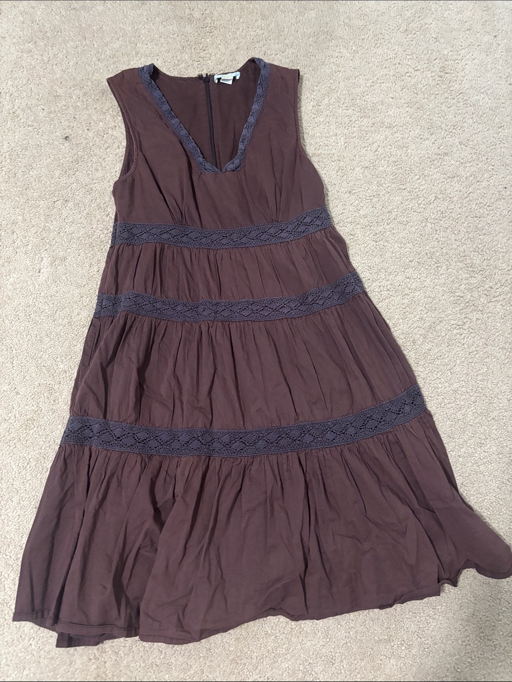 Sleeveless V-Neck Brown Midi Dress with Crochet Trim